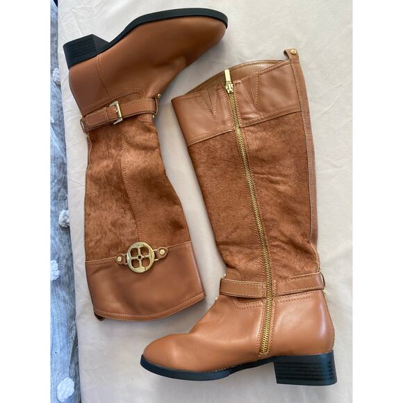 Iman Tall Riding Boots 6.5W (Fit 7–7.5) Brown Faux Leather Gold Buckle - Picture 5 of 9